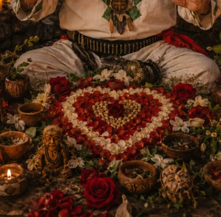 Corazón de rosas rojas y blancas con velas, primer plano de un trabajo de amor de Don Jacinto Nahual tradición de Catemaco Los Ángeles