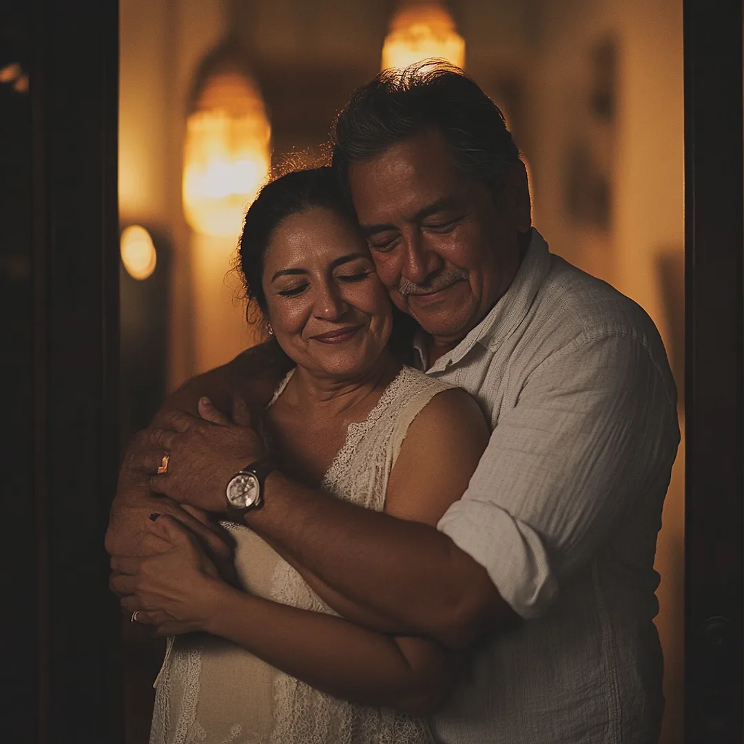 Pareja madura latina reunida y abrazada con ternura tras recuperar su relación con un amarre de amor de Don Jacinto Nahual en el sur de California