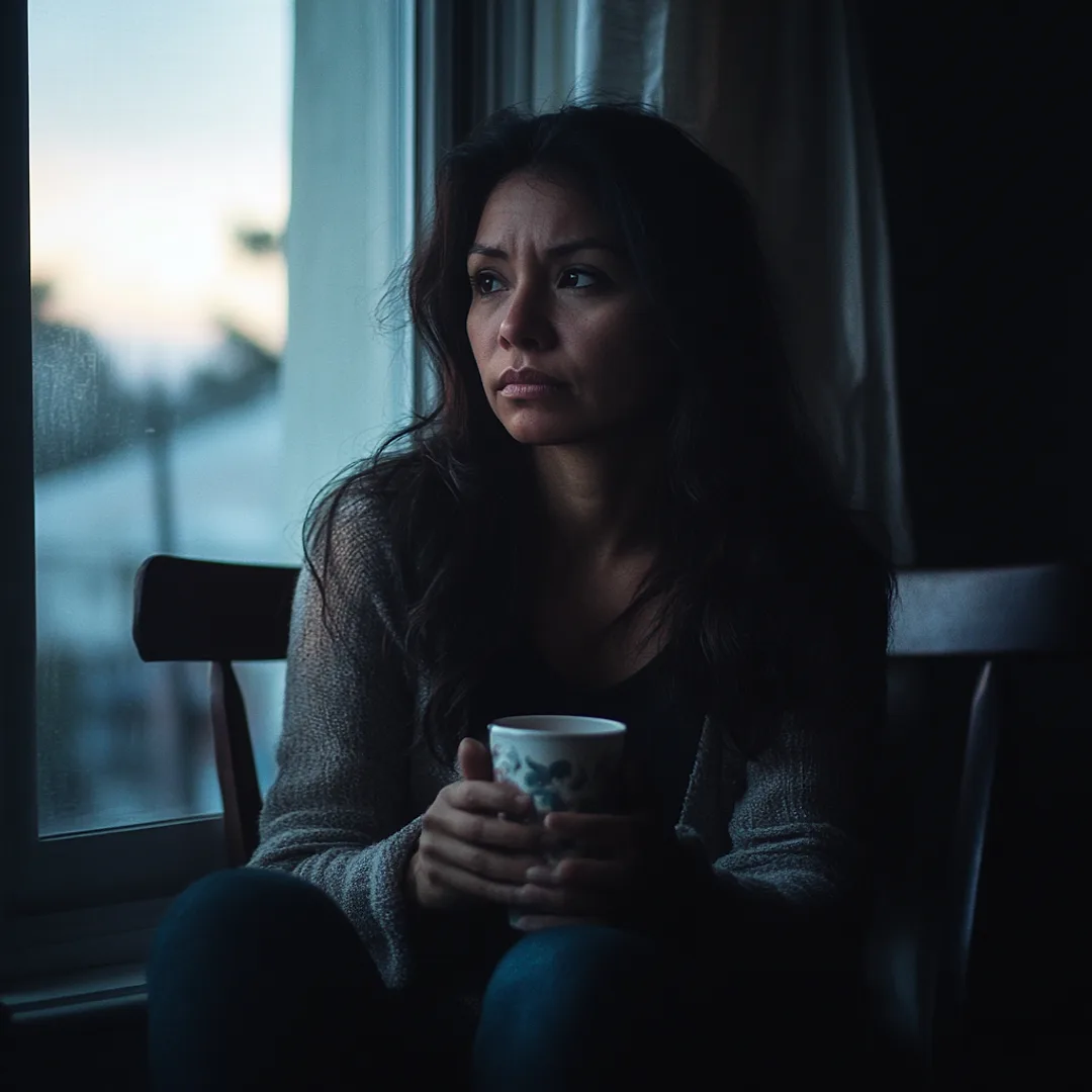 Mujer latina sola en casa mirando por la ventana con tristeza, extrañando a la persona que se alejó