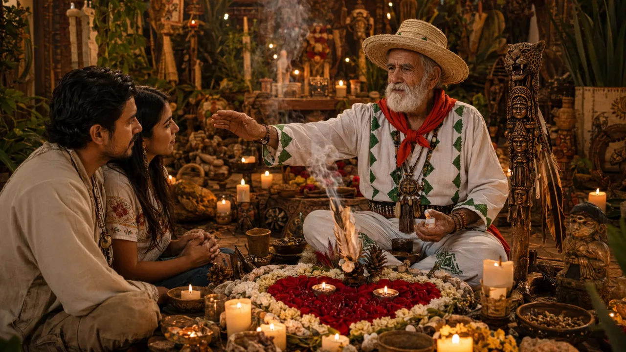 Don Jacinto Nahual brujo curandero de Catemaco realizando un trabajo espiritual a una pareja entre velas y copal en Los Ángeles California