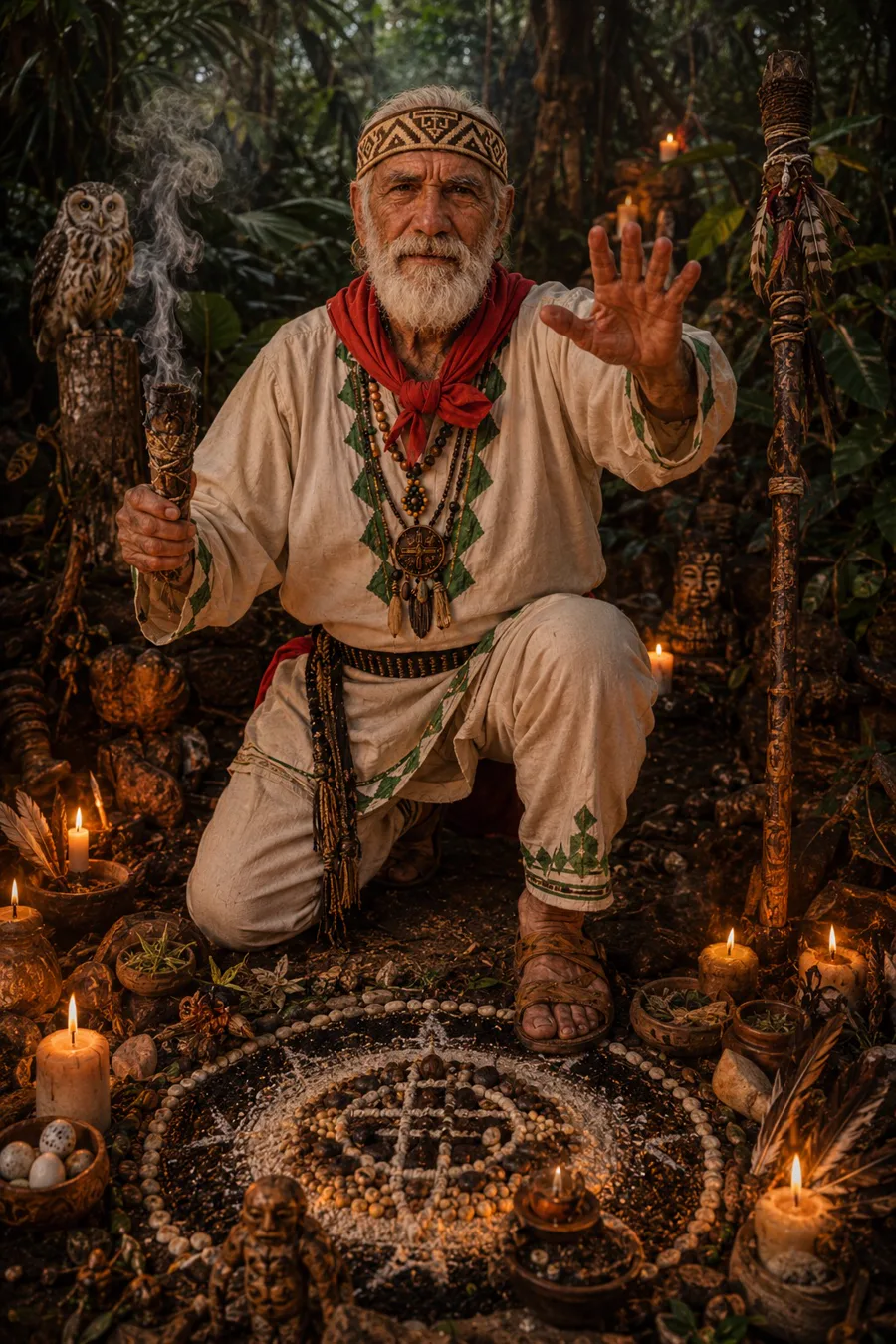 Don Jacinto Nahual, curandero de Catemaco, realizando un endulzamiento de amor entre velas y copal — atiende endulzamientos de pareja en Los Ángeles, California