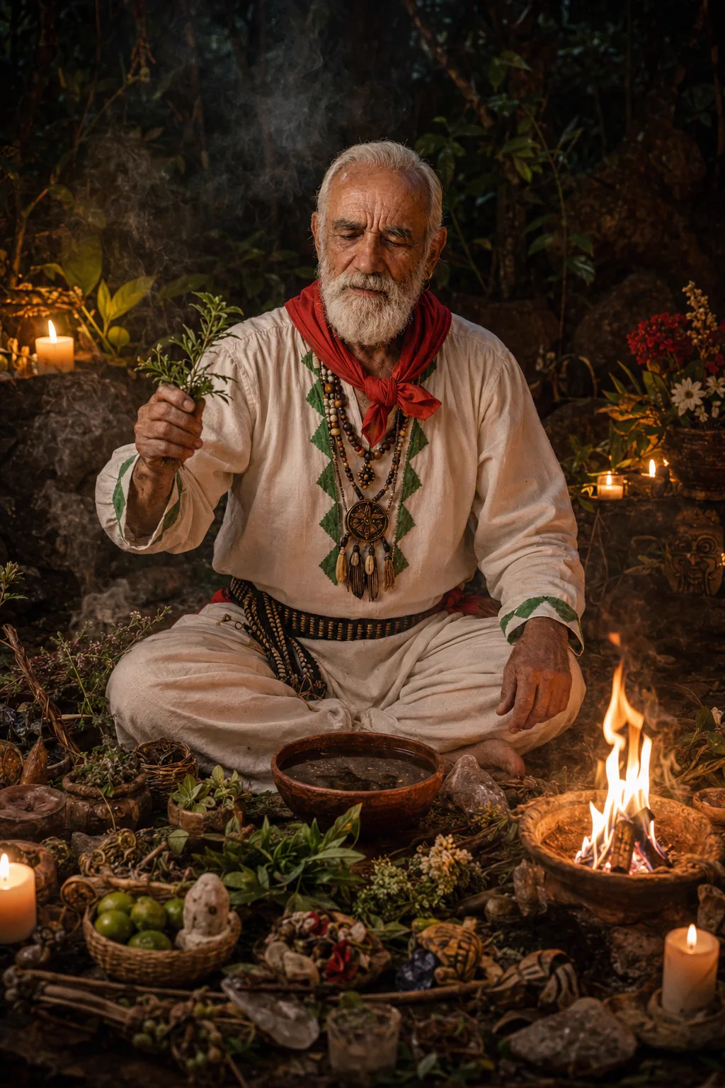 Don Jacinto Nahual, brujo curandero de Catemaco, realizando una limpia espiritual con hierbas, fuego y velas para romper el daño y la brujería en Los Ángeles California