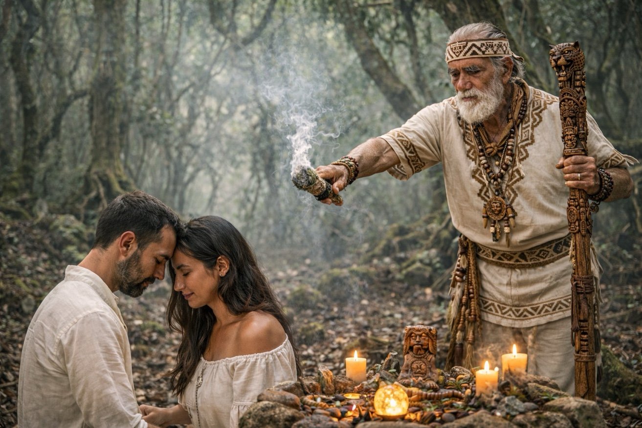 Curandero realizando ritual espiritual para una pareja en el bosque sagrado