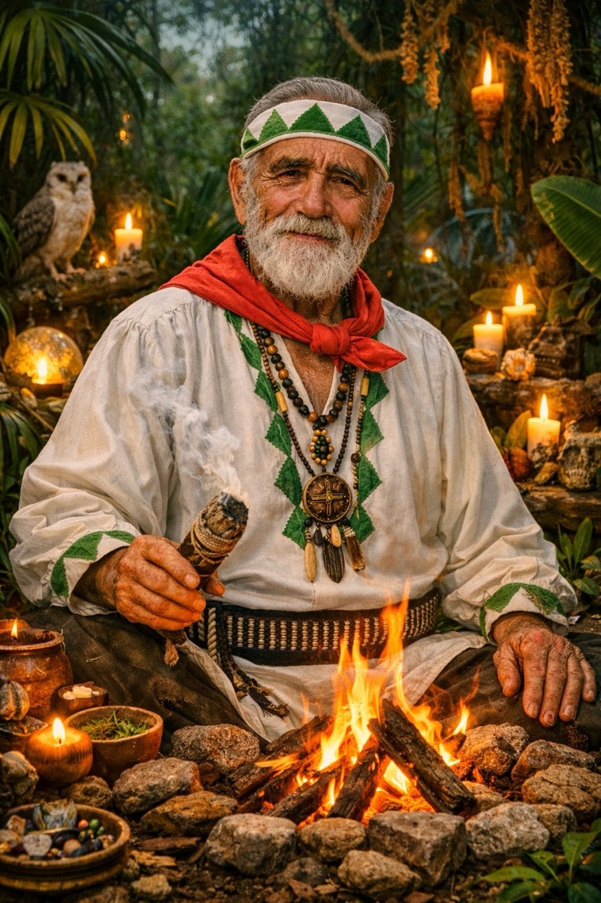 Don Jacinto Nahual con fuego sagrado y elementos rituales en la selva
