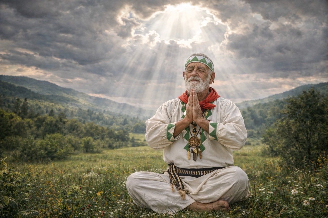 Don Jacinto Nahual meditando en la naturaleza con rayos de luz divina