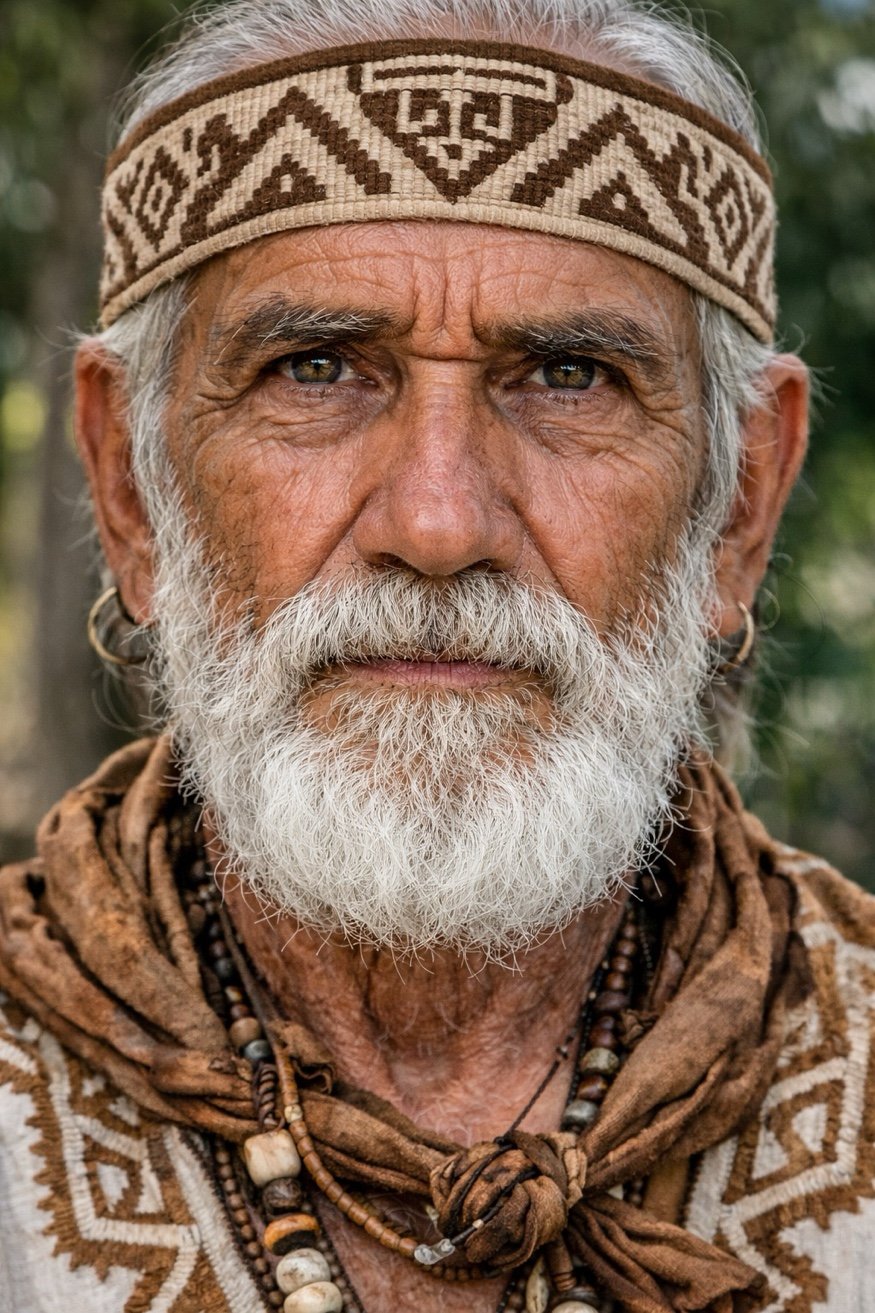 Retrato de Don Jacinto Nahual, curandero espiritual con tocado indígena