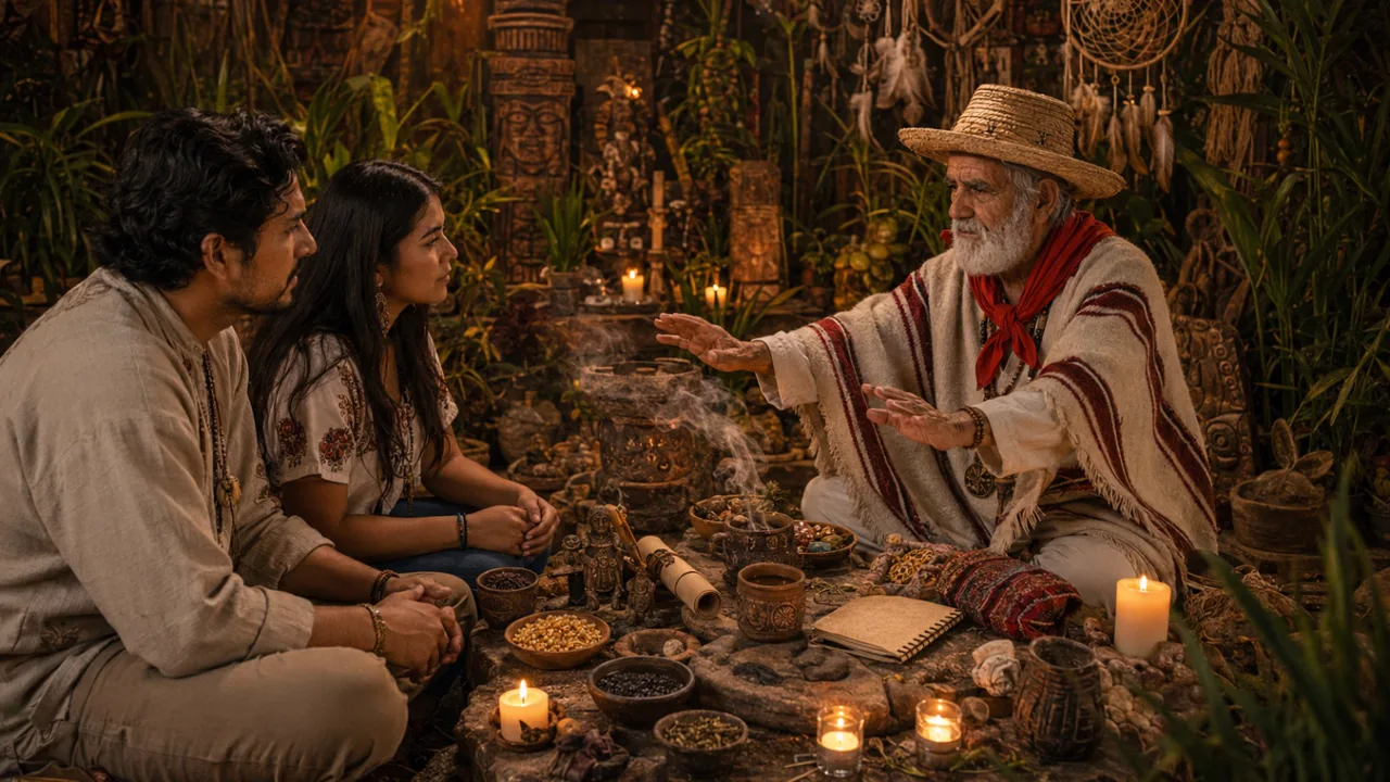 Don Jacinto Nahual realizando una limpia espiritual y orientación a una pareja entre velas y copal, curandero de Catemaco en Los Ángeles California