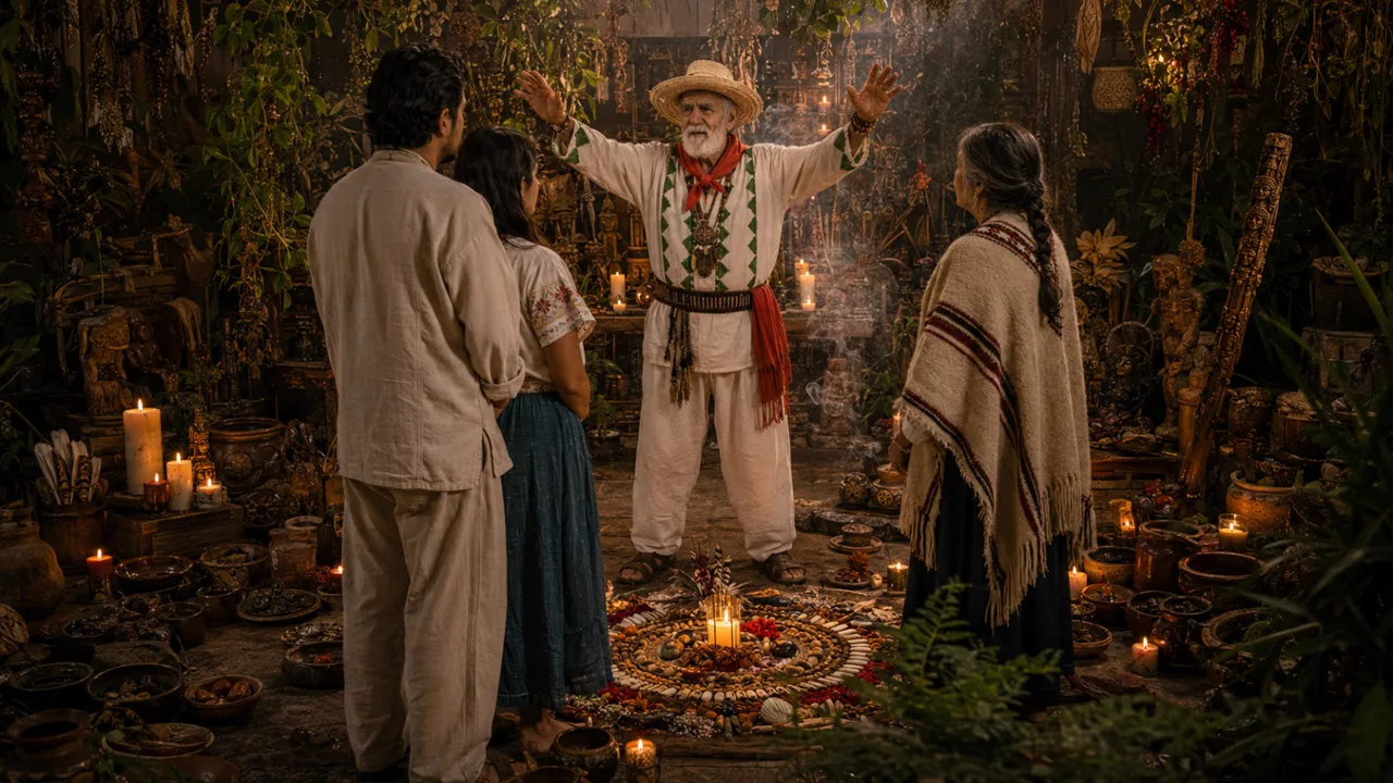 Don Jacinto Nahual realizando una ceremonia de limpia espiritual a varias personas alrededor de un círculo ritual, tradición de Catemaco en Los Ángeles