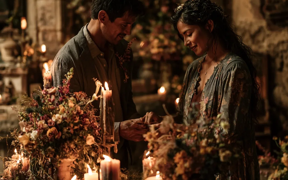 Pareja tomada de las manos frente a un altar con velas y flores durante una limpia espiritual