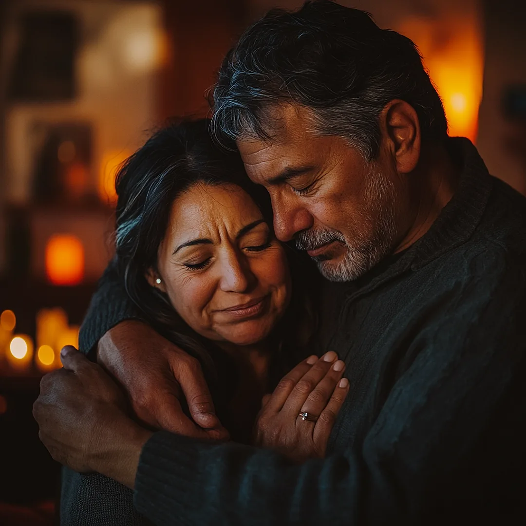 Pareja madura latina reencontrándose en un abrazo emotivo, con lágrimas de alivio, reconciliada tras un trabajo de regreso de pareja con Don Jacinto Nahual