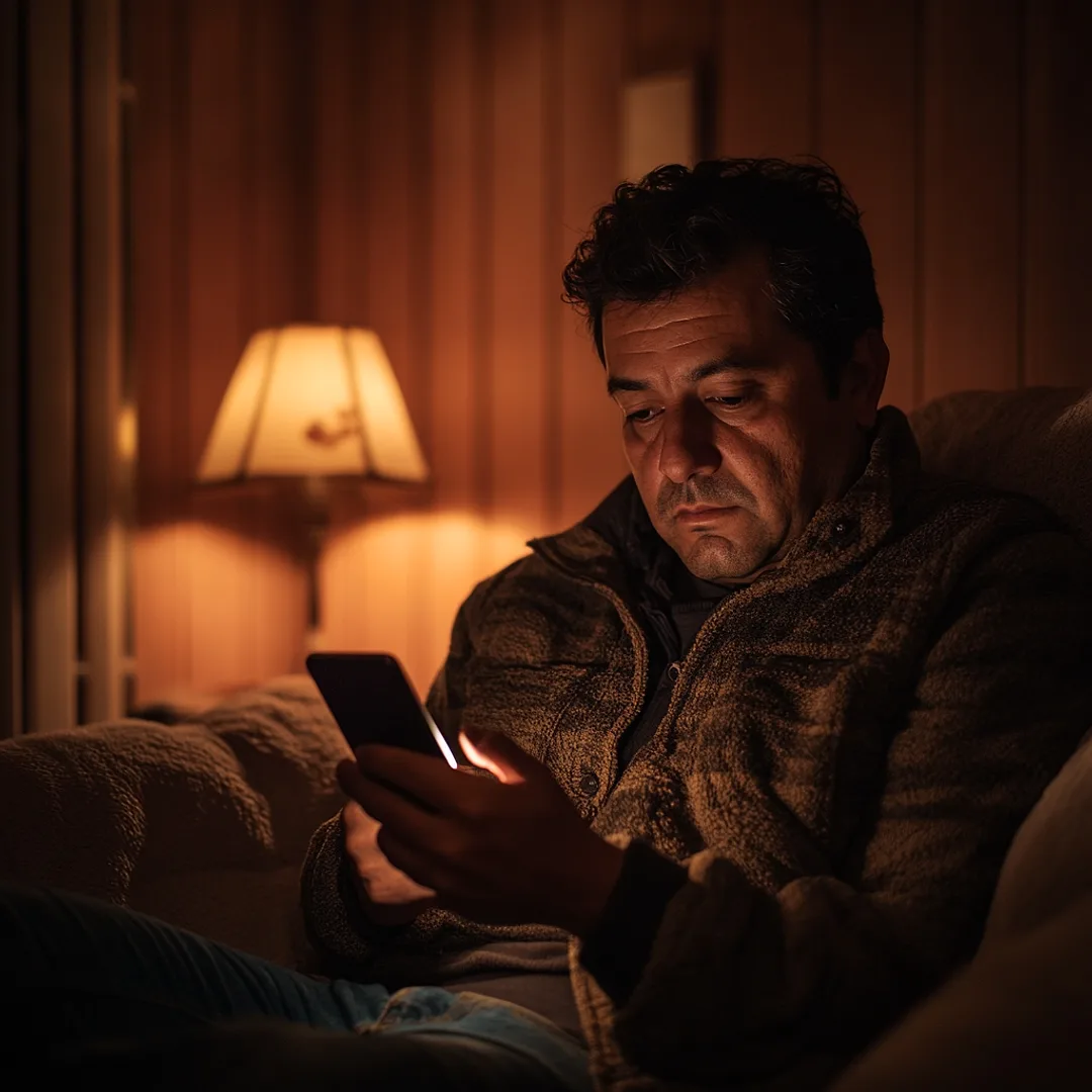 Hombre latino solo en casa de noche, mirando su teléfono con tristeza, extrañando a la pareja que se fue