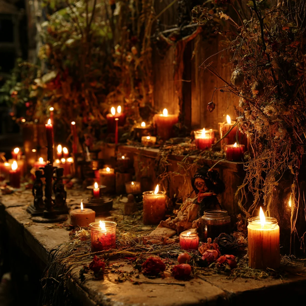 Altar de amarre de amor con muchas veladoras encendidas y un muñeco que representa a la persona amada, ritual de la tradición de Catemaco en Los Ángeles California