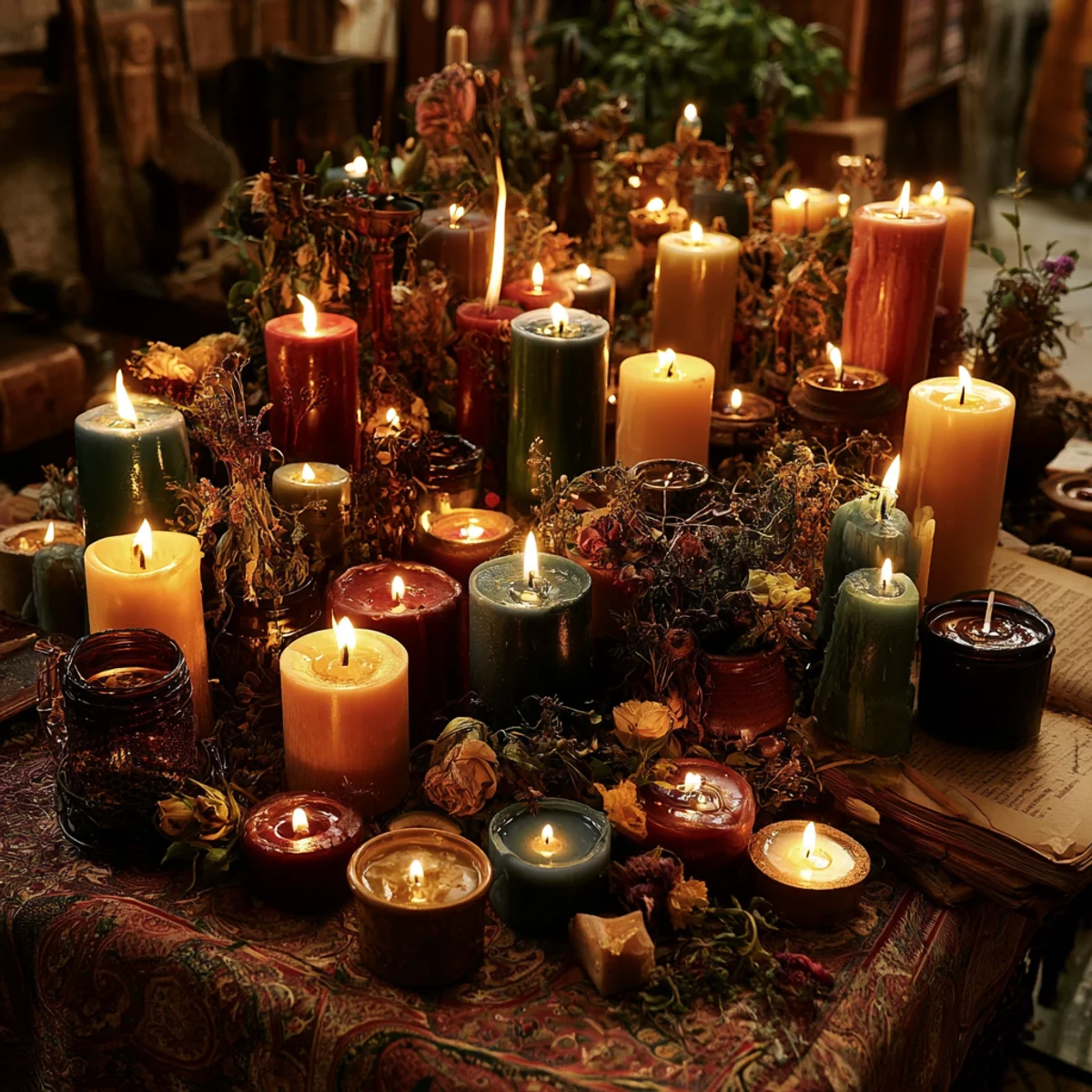 Altar espiritual con veladoras encendidas de la tradición de Catemaco donde Don Jacinto trabaja cada caso de Gardena, California