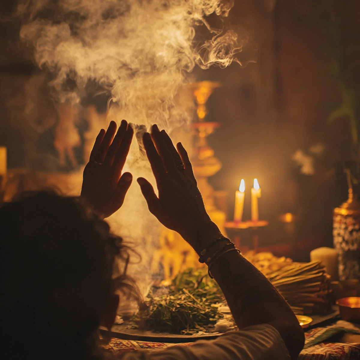 Curandero de Catemaco en un trabajo espiritual con humo de copal para acompañar a la comunidad latina de Gardena, California