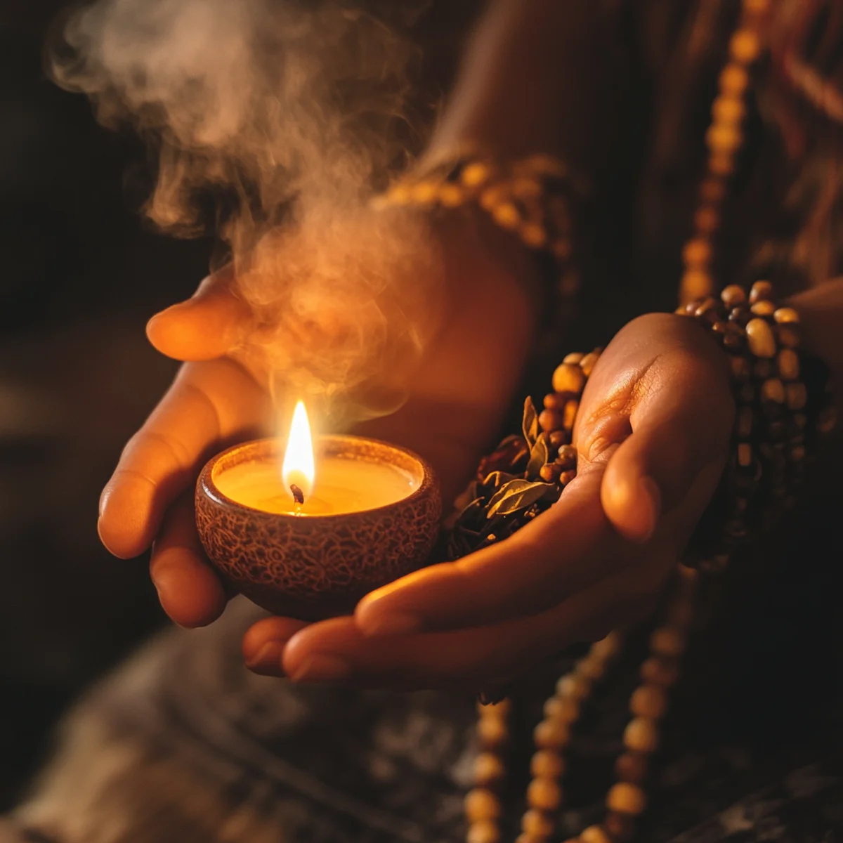 Manos del curandero con una vela encendida en una limpia espiritual para personas de Gardena, tradición de Catemaco