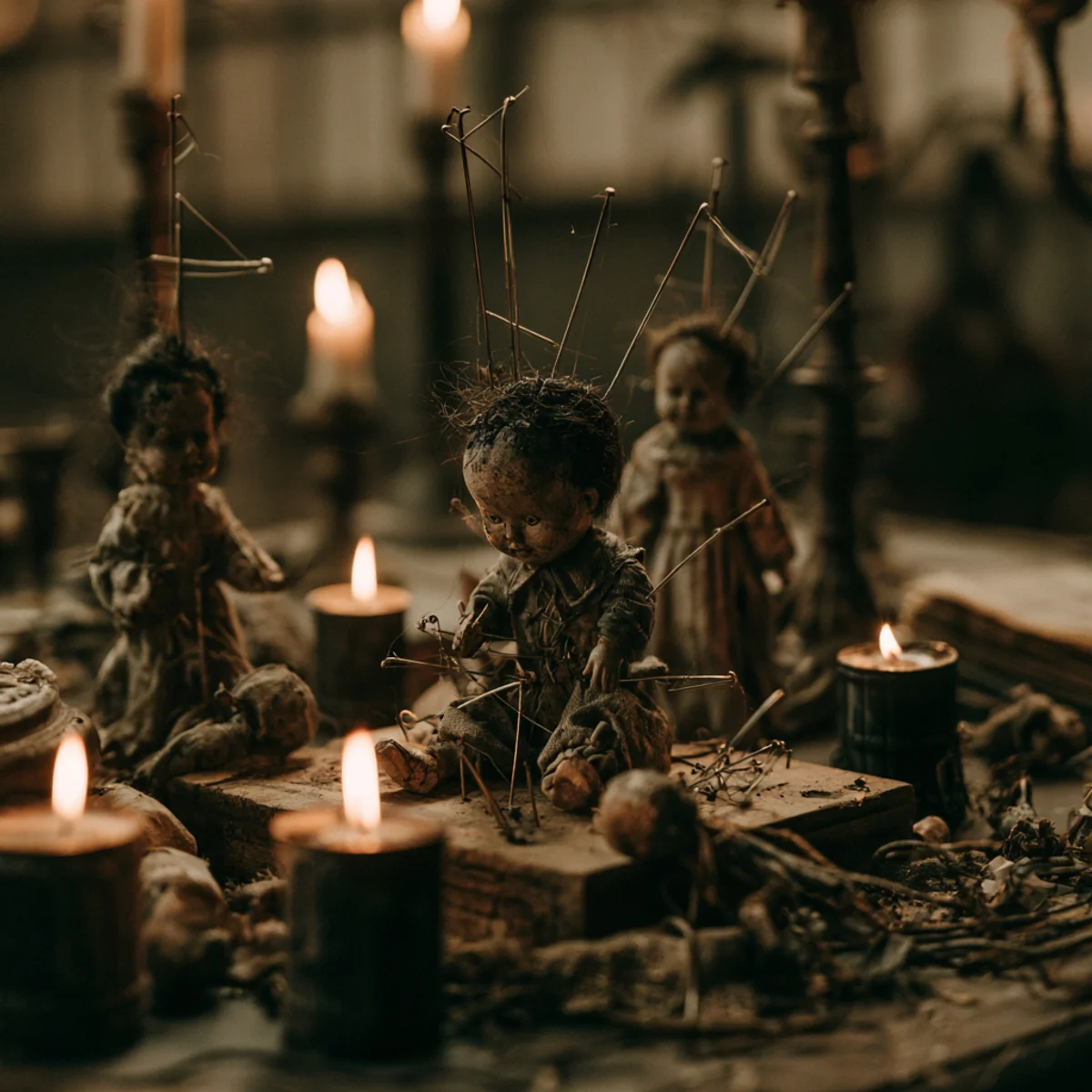 Muñecos de amarre atravesados con alfileres entre velas en un ritual de dominio de amor de la tradición de Catemaco, Don Jacinto Nahual Los Ángeles