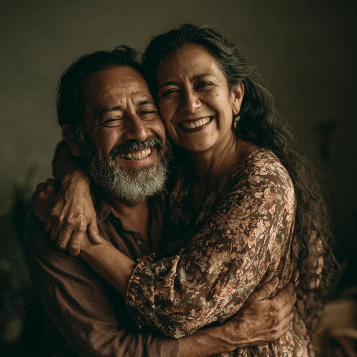 Pareja madura latina abrazándose feliz tras una reconciliación de pareja con Don Jacinto Nahual, tradición de Catemaco en Los Ángeles California