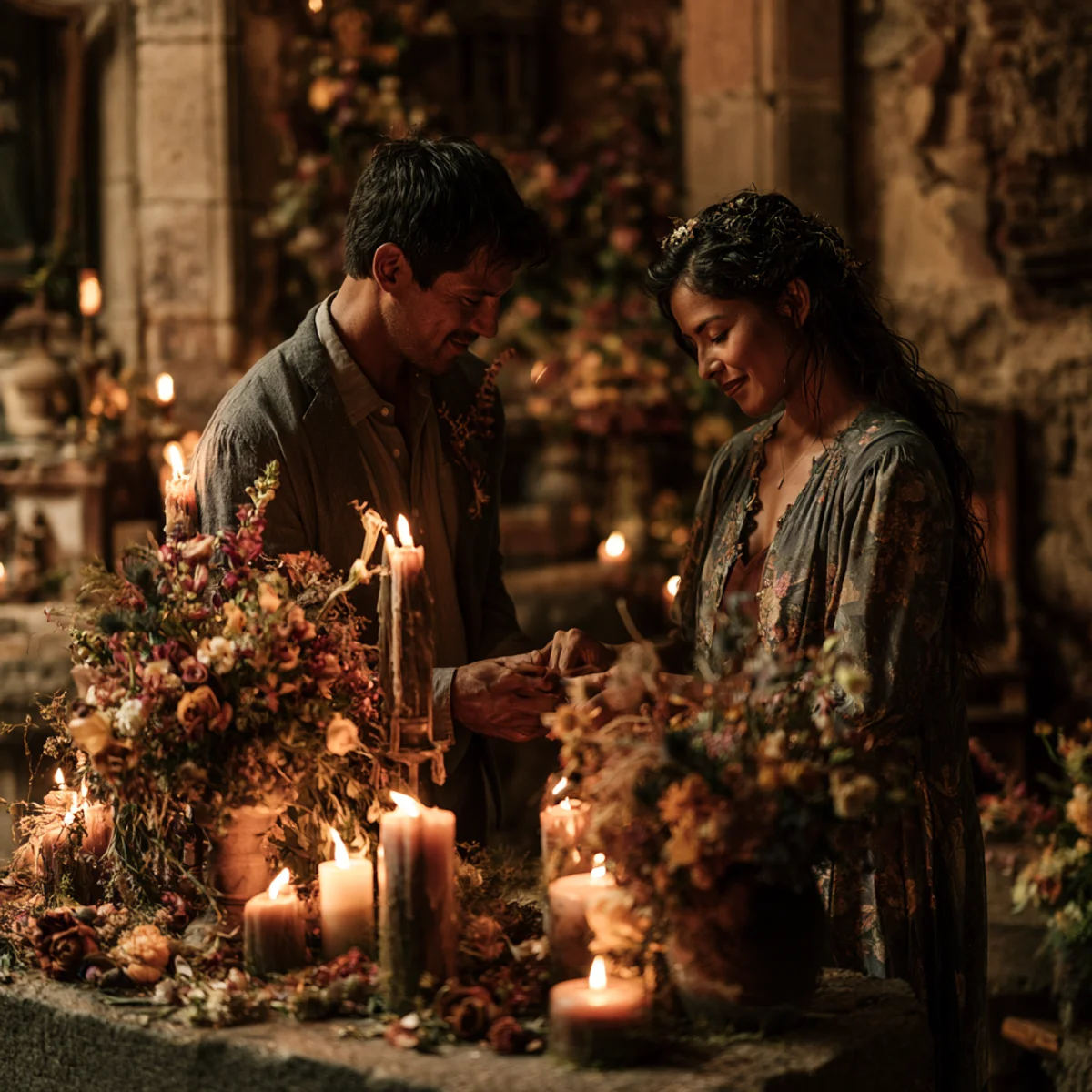 Pareja realizando un ritual de unión rodeada de velas y flores tras un amarre y endulzamiento de amor de Don Jacinto Nahual en Los Ángeles California