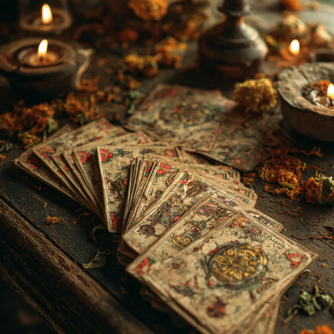 Primer plano de cartas de la baraja española con oros y espadas en las manos de un curandero, tarot y lectura de cartas en Los Ángeles y Santa Ana