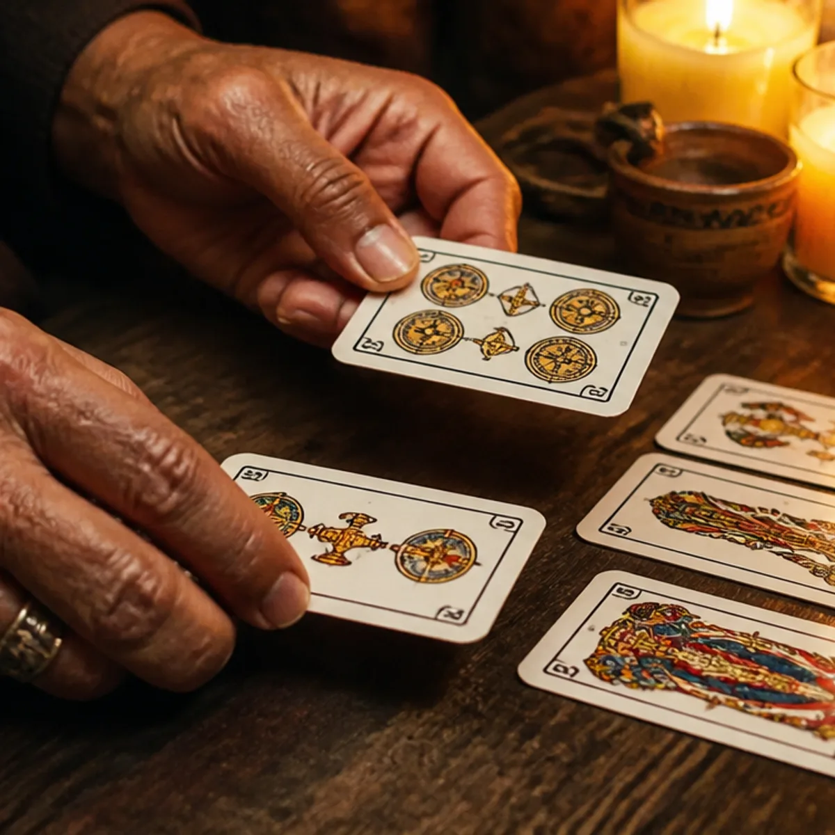 Manos de Don Jacinto Nahual tendiendo las cartas de la baraja española sobre una mesa de madera entre veladoras encendidas, lectura de cartas en Los Ángeles