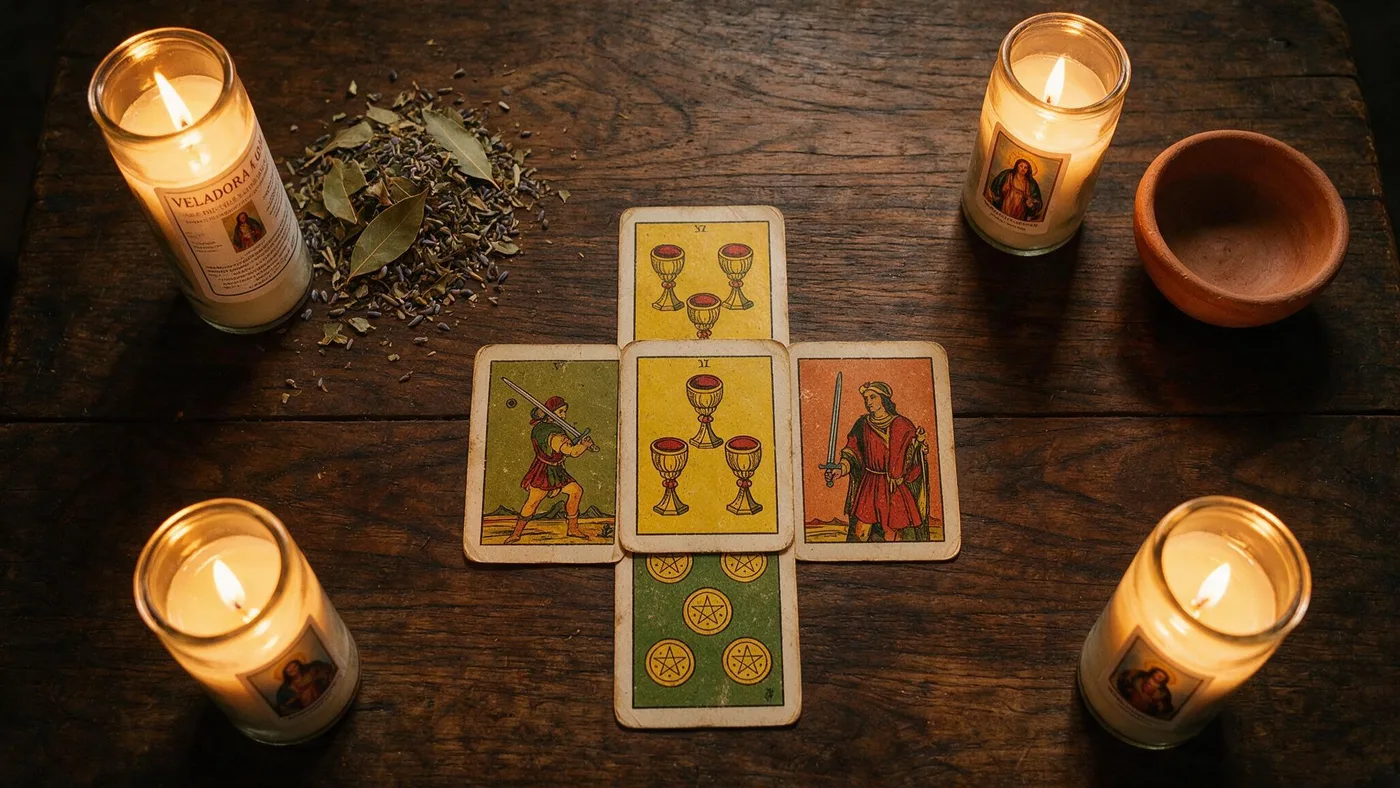 Tirada en cruz con cartas de la baraja española sobre madera oscura, rodeada de veladoras, hojas de laurel y lavanda, consulta de tarot de Don Jacinto Nahual